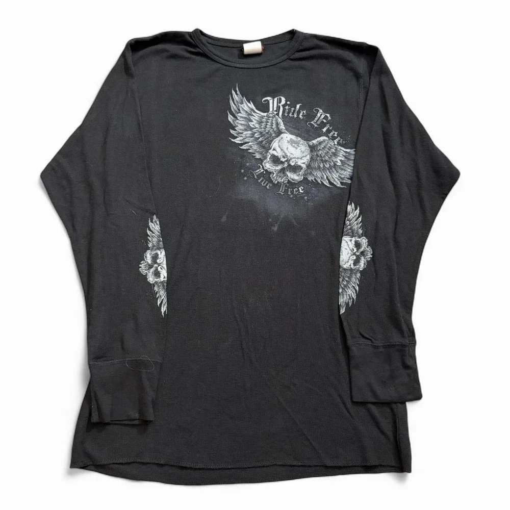 Hot Leather Black Long Sleeve Waffle Knit Thermal Size Large Skull Flames Biker